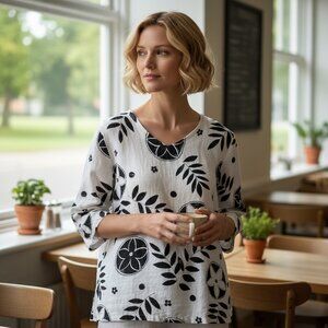 Hot Cotton Black & White 100% Linen Floral Print Tunic Top Plus Size Size 2X